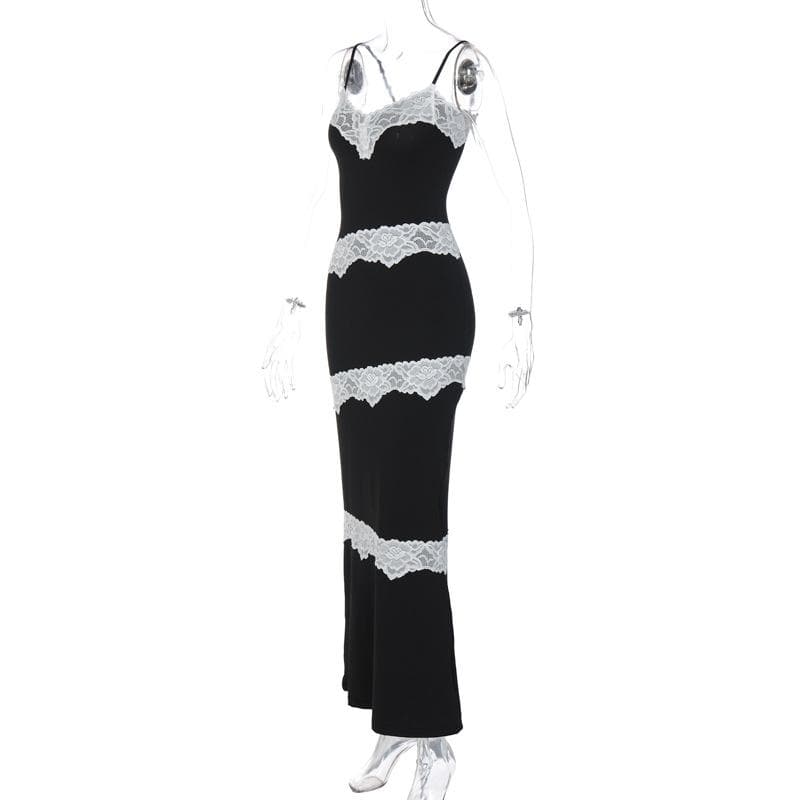 Lace Panel Trim Spaghetti Strap V Neck Bodycon Maxi Dress