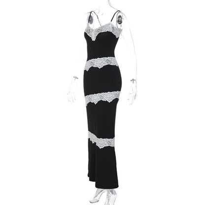 Lace Panel Trim Spaghetti Strap V Neck Bodycon Maxi Dress