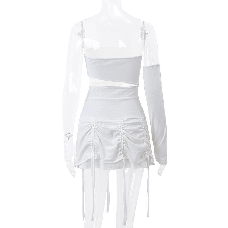 Off Shoulder Cutout Ruched Drawstring One Sleeve Mini Skirt Set
