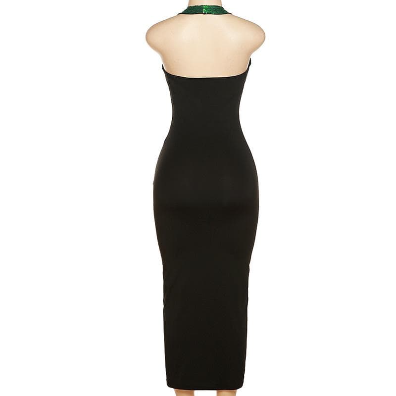 Halter Keyhole Sequin Bodice Chain Waist Cutout Bodycon Midi Dress