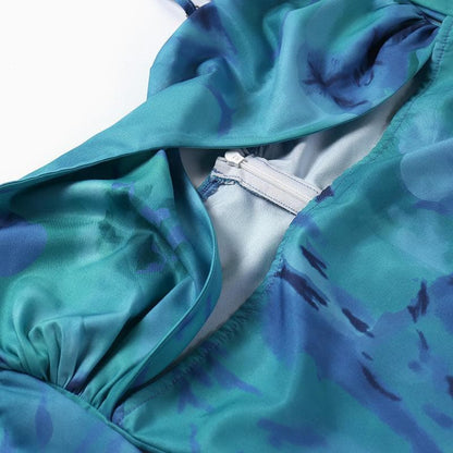 Spaghetti Strap Twist Knot Midriff Cutout Floral Print Puff Sleeve Maxi Dress
