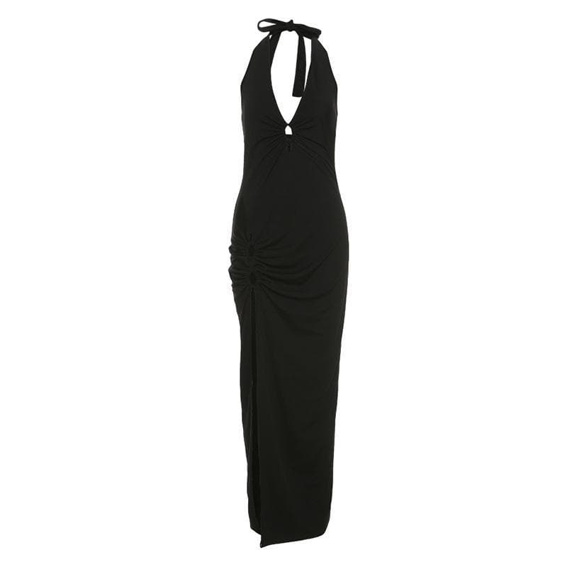 Halter Ring Detail Deep V Ruched Side Slit Bodycon Maxi Dress