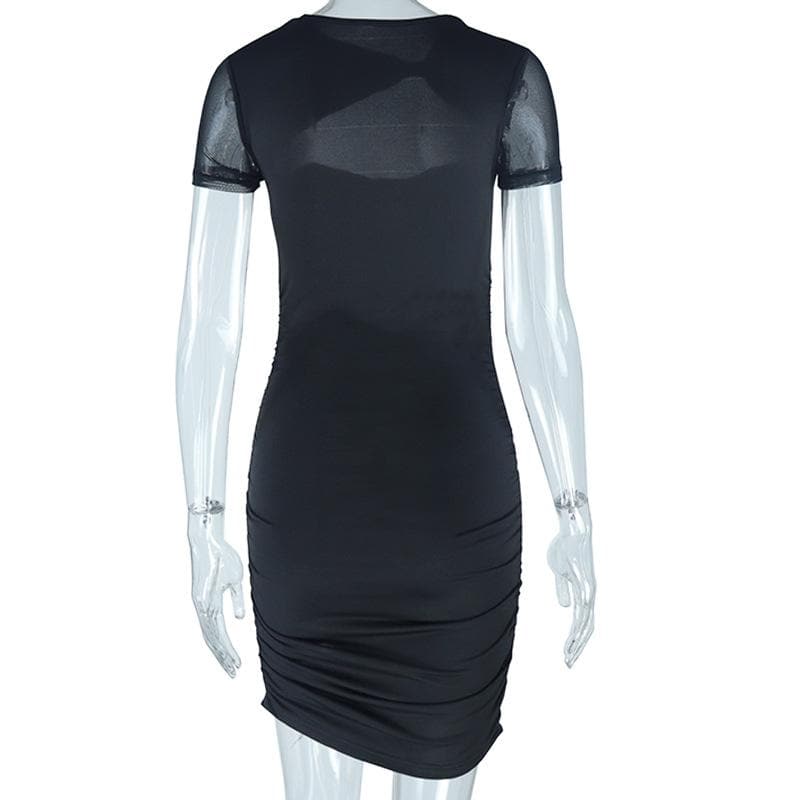 Short Sleeve Mesh Ruched Cutout Mini Dress