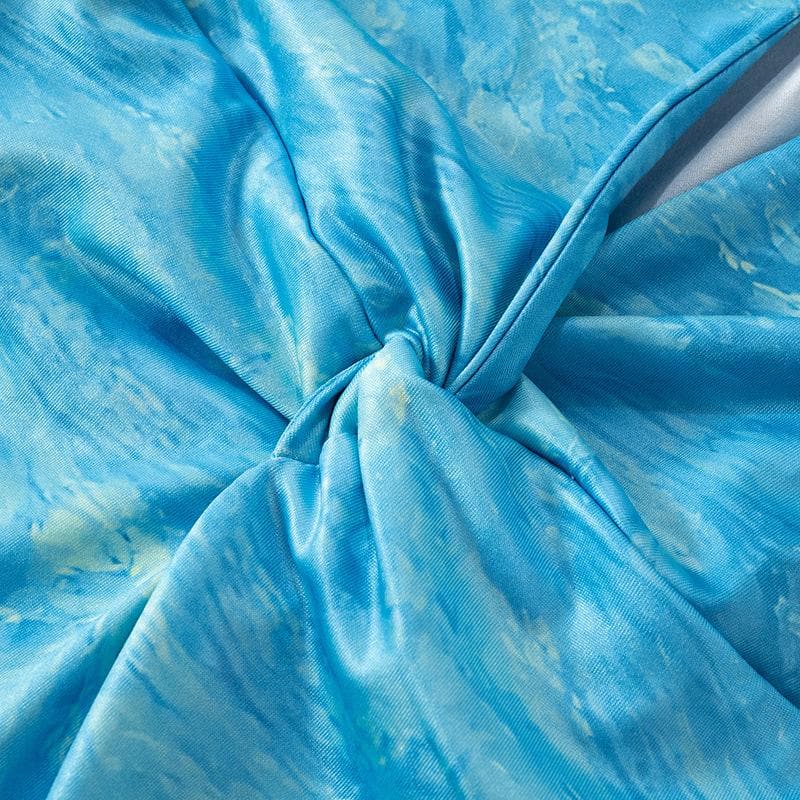 Deep V-Neck Keyhole Twist Front Marble Print Satin Maxi Dress