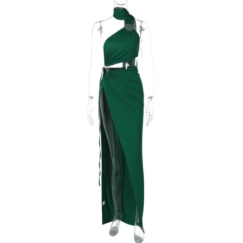 Choker Halter O Ring Cutout High Slit Draped Train Panel Maxi Dress