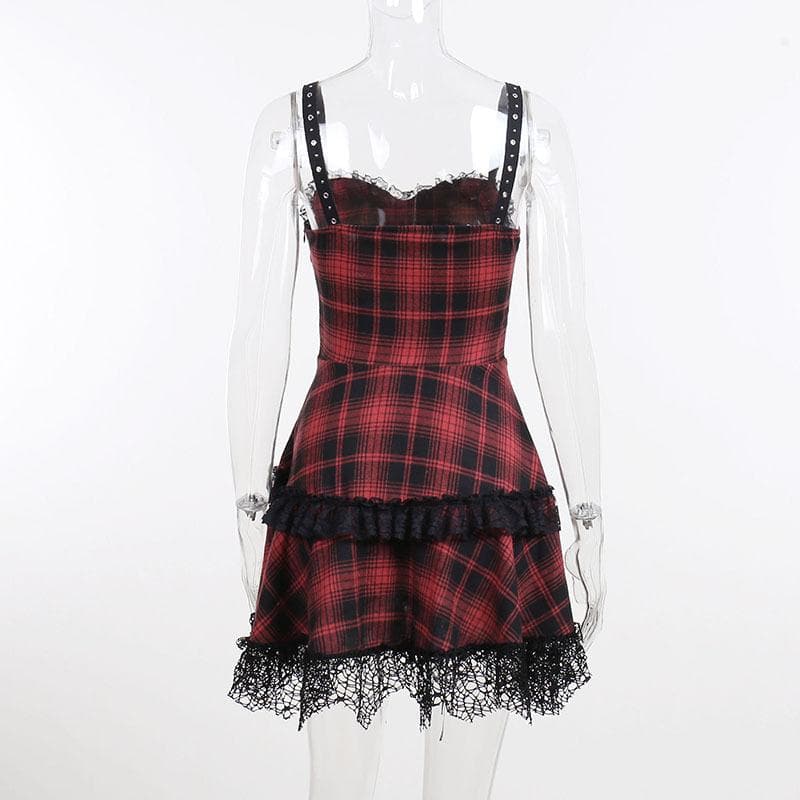 Plaid Corset Lace Up Grommet Tiered Lace Hem Mini Dress
