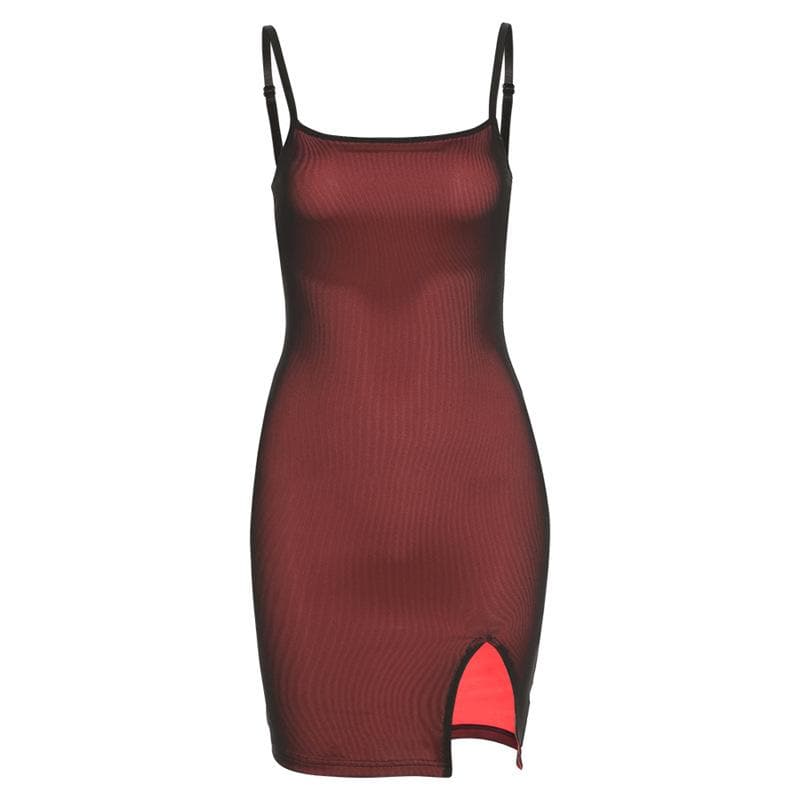 Square Neck Spaghetti Strap Ribbed Knit Side Slit Bodycon Mini Dress