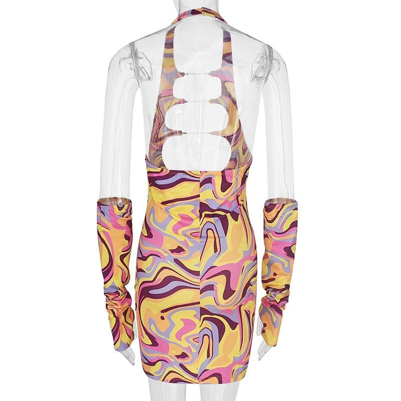 Halter Neck Triple Chest Cutout Marble Print Arm Warmer Mini Dress Set