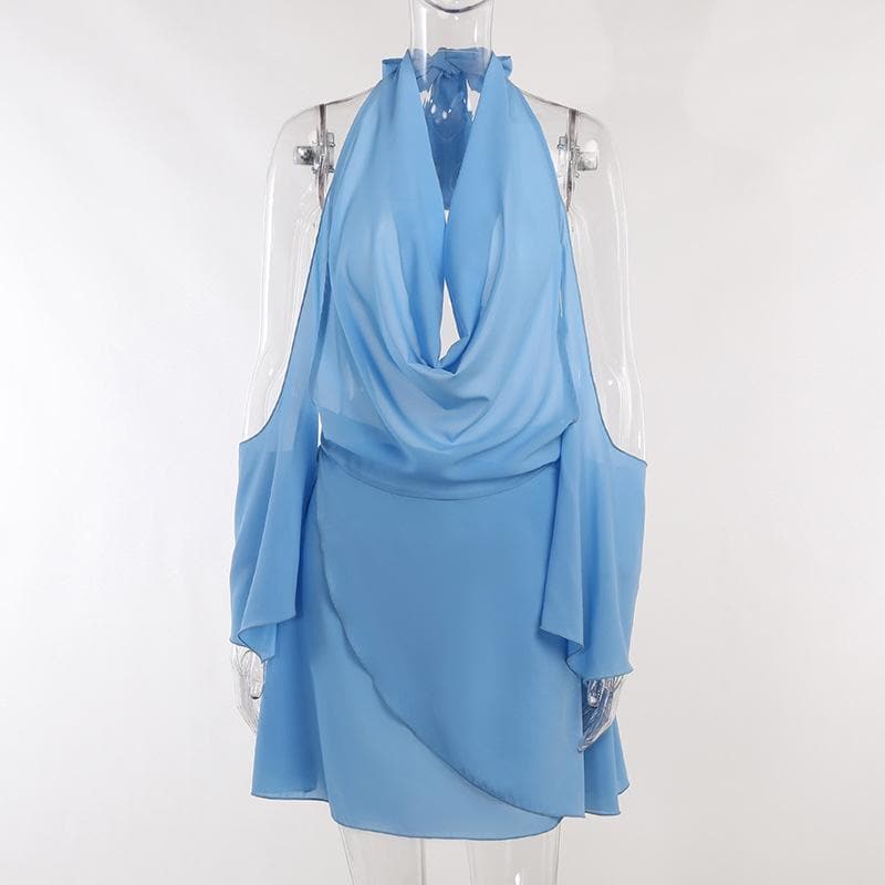 Off Shoulder Halter Cowl Neck Draped Cape Sleeve Mini Dress