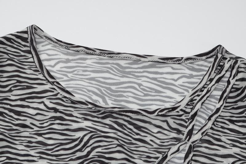 Crew Neck Zebra Print Diagonal Cutout Long Sleeve Mini Dress