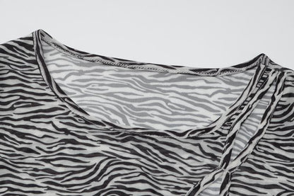 Crew Neck Zebra Print Diagonal Cutout Long Sleeve Mini Dress