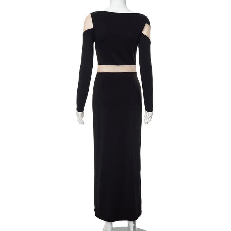 Boat Neck Long Sleeve Abstract Swirl Contrast Panel Bodycon Maxi Dress