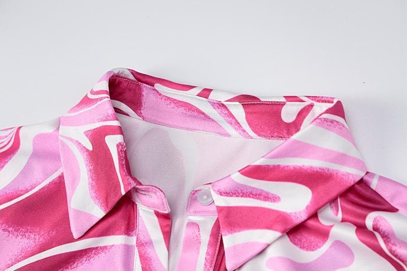 Marble Print Turnover Collar Button Through Ruched Midi Dress
