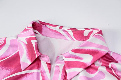 Marble Print Turnover Collar Button Through Ruched Midi Dress