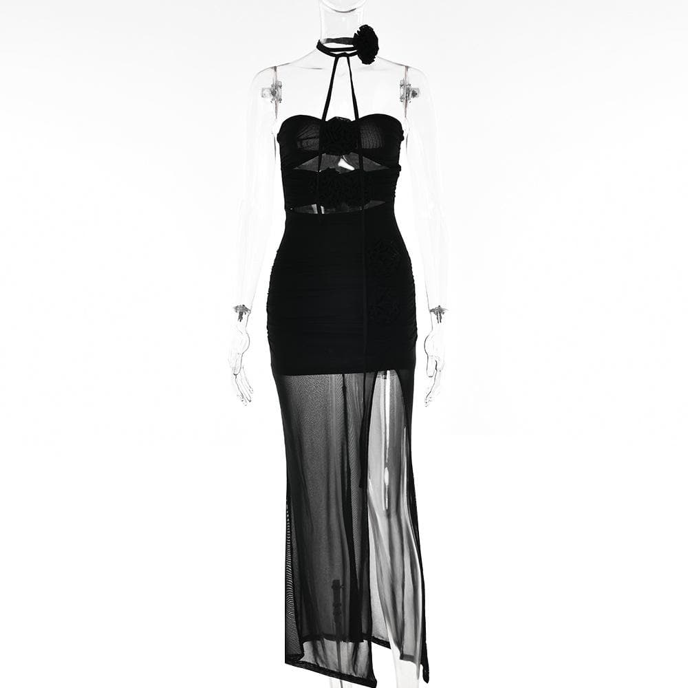 Flower Applique Cutout Ruched High Slit Midi Dress Set