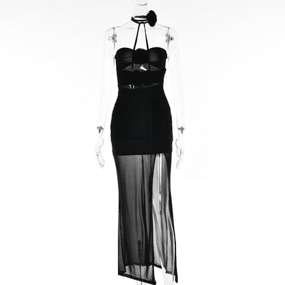 Flower Applique Cutout Ruched High Slit Midi Dress Set