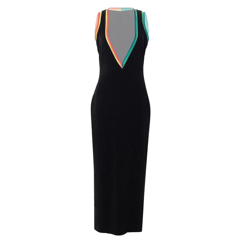 Deep V Neck Contrast Rainbow Ribbed Trim Sleeveless Bodycon Midi Dress