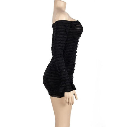 Off-Shoulder Tiered Ruffle Mesh Long Sleeve Bodycon Mini Dress
