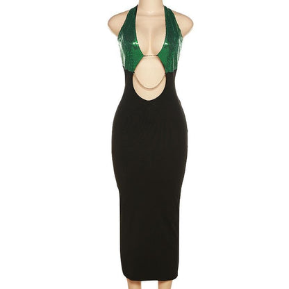 Halter Keyhole Sequin Bodice Chain Waist Cutout Bodycon Midi Dress