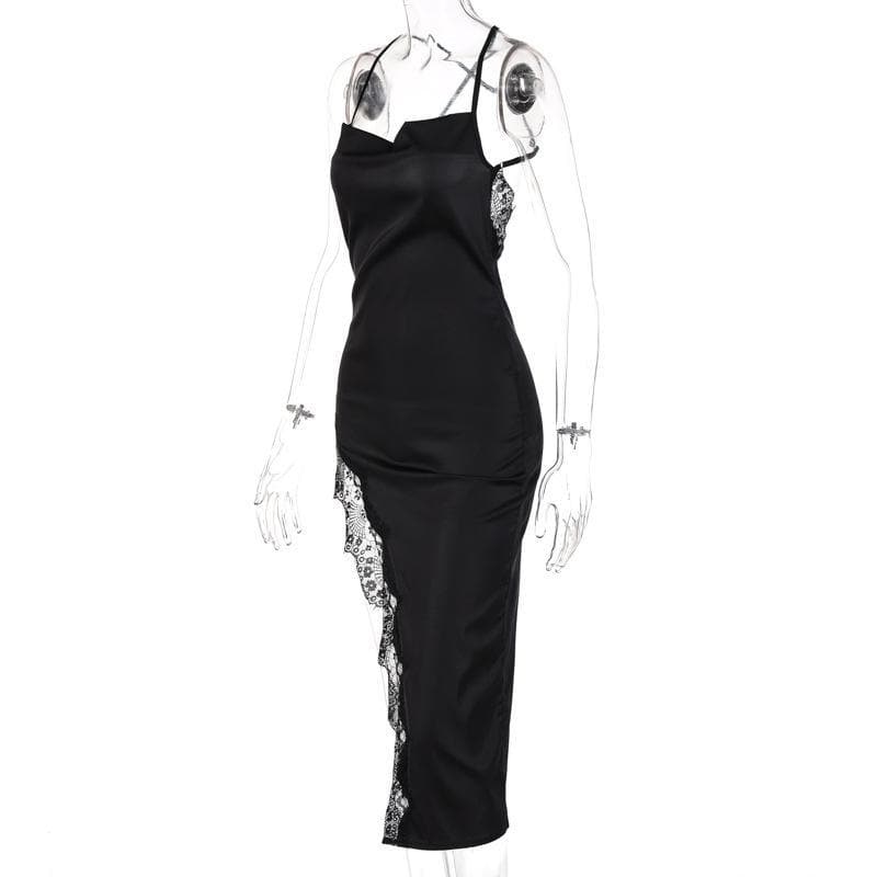 Cowl Neck Crisscross Strap Lace Trim Asymmetrical Hem Satin Midi Dress