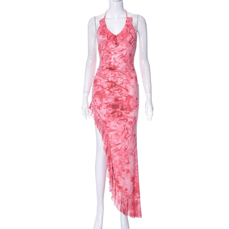 Halter Neck Ruched Watercolor Print Ruffle Trim Side Slit Maxi Dress