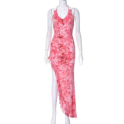 Halter Neck Ruched Watercolor Print Ruffle Trim Side Slit Maxi Dress