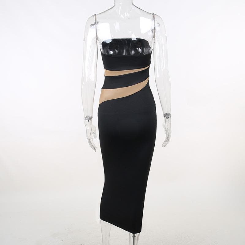 Strapless Diagonal Contrast Panel Bodycon Maxi Dress
