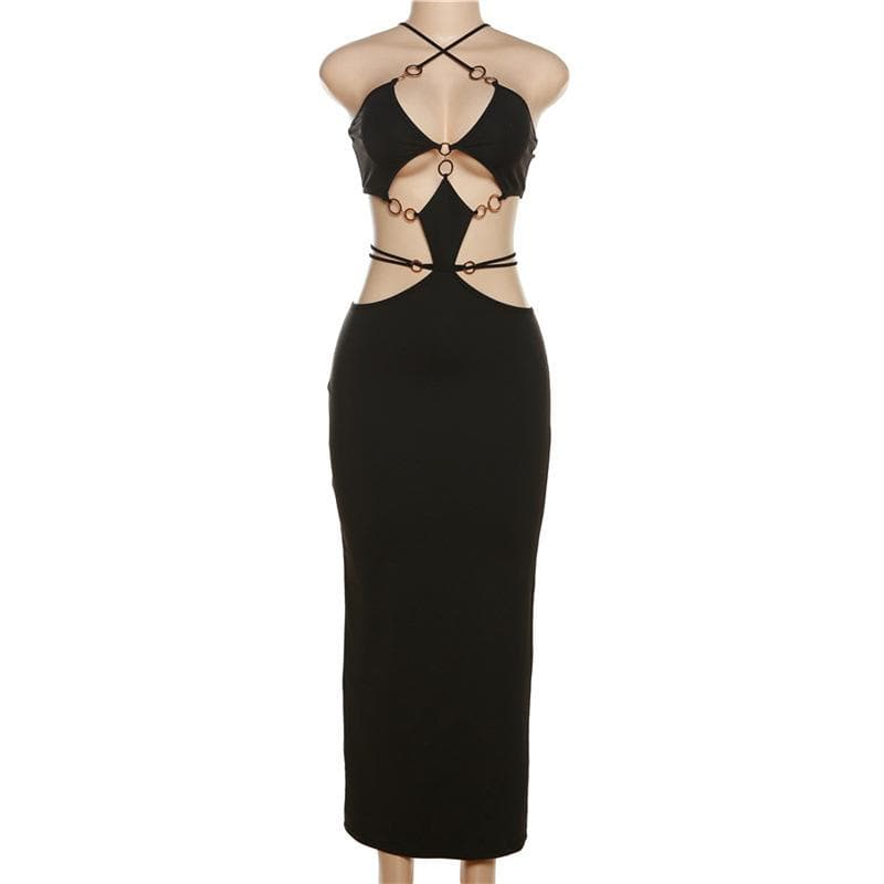 Plunging V-Neck Spaghetti Strap Midriff Ring Cutout Ribbed Maxi Dress