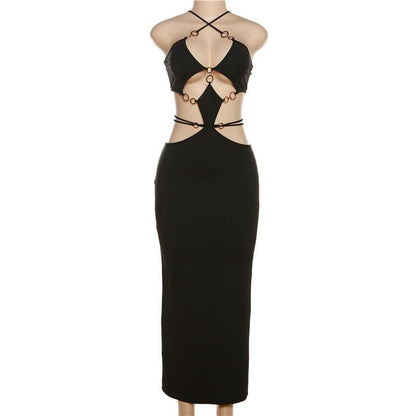 Plunging V-Neck Spaghetti Strap Midriff Ring Cutout Ribbed Maxi Dress