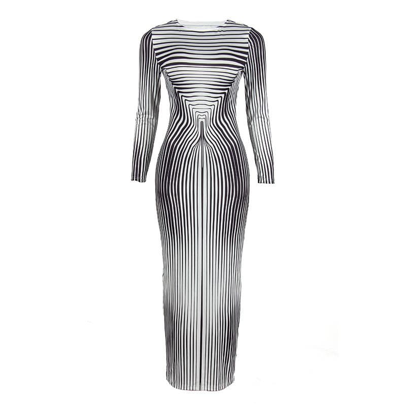 Crew Neck Optical Illusion Curved Stripe Long Sleeve Bodycon Maxi Dress