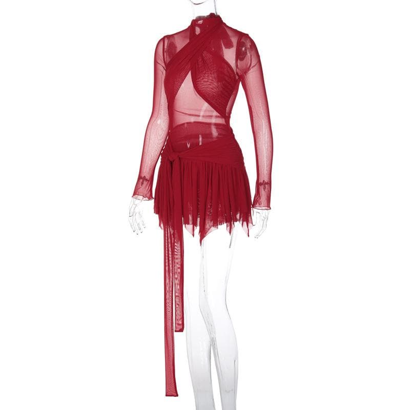 Sheer Mesh Wrap Halter Cutout Long Sleeve Pleated Tie Waist Mini Skirt Set