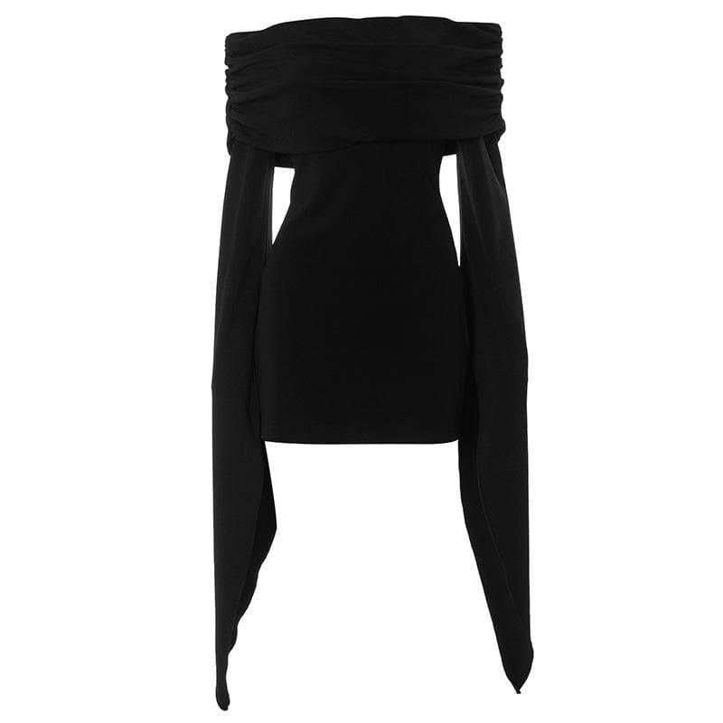 Off Shoulder Ruched Drape Panel Trailing Sleeve Bodycon Mini Dress