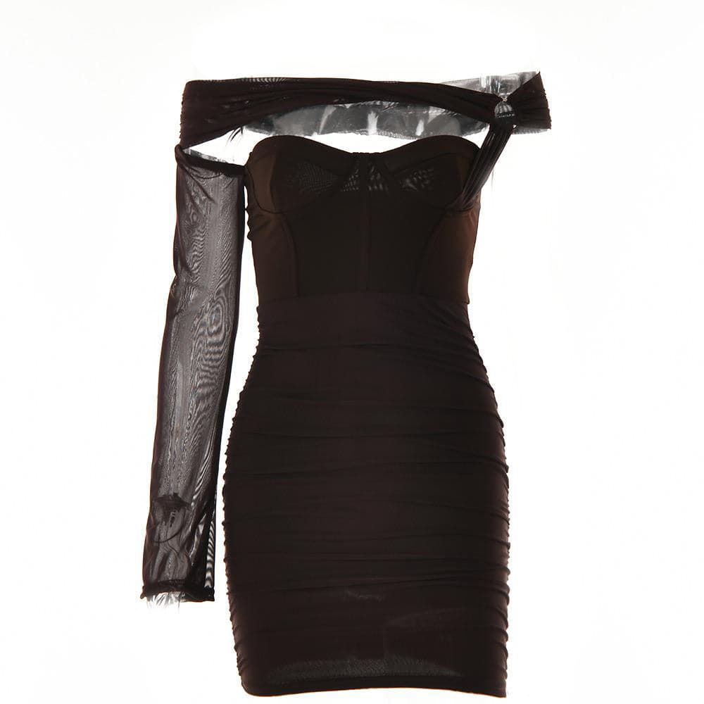 One Shoulder O Ring Hollow Out Mesh Backless Bodycon Mini Dress