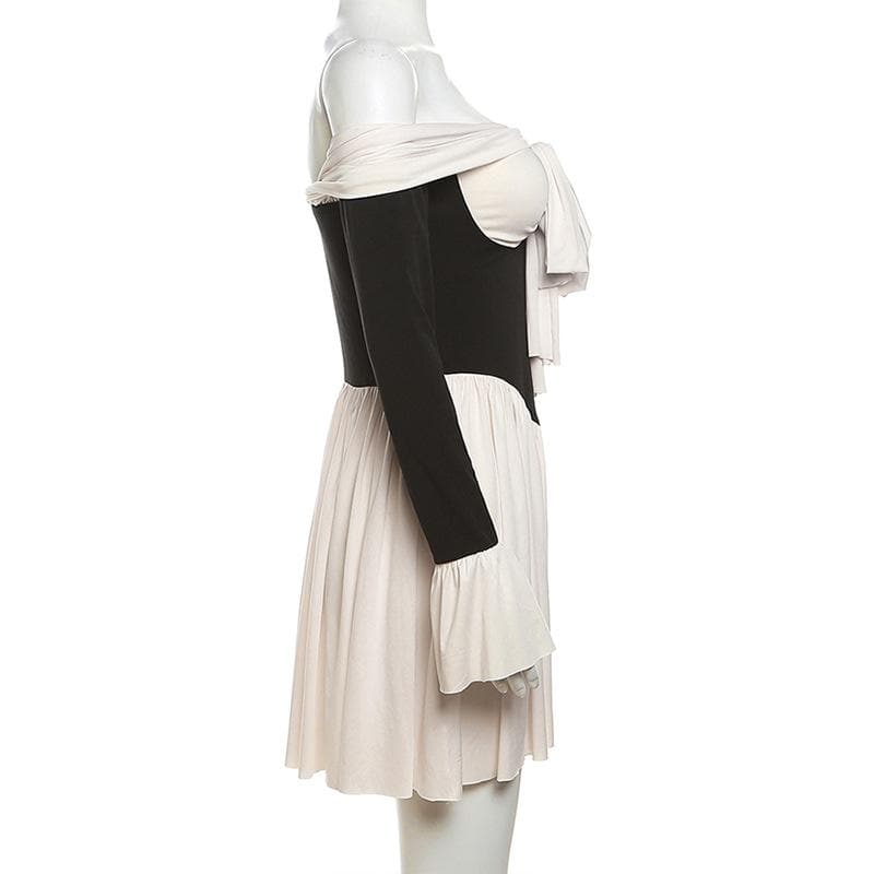 Off Shoulder Sweetheart Ruched Bell Cuff Corset Waist Pleated Mini Dress