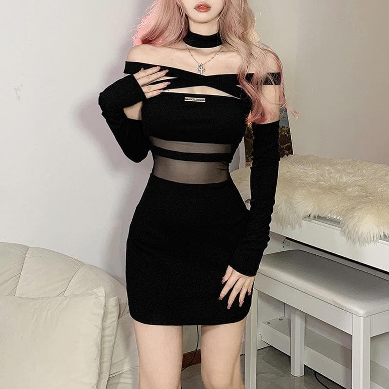 Off Shoulder Cross Strap Mesh Panel Logo Plate Glove Sleeve Mini Dress