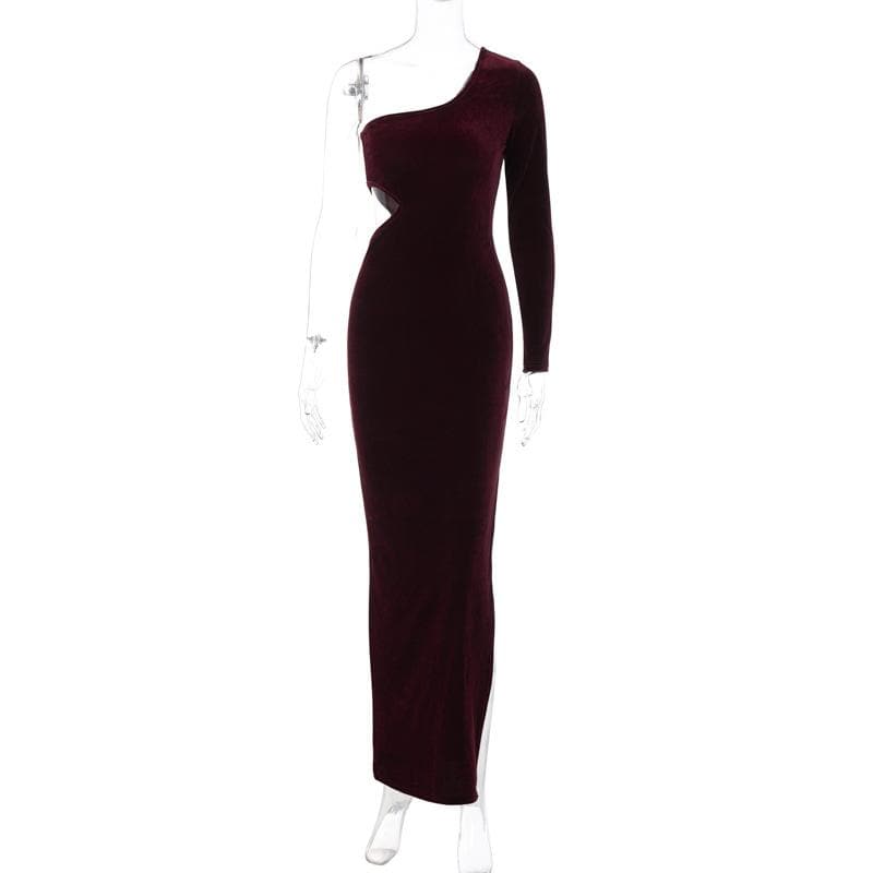 One Shoulder Long Sleeve Waist Cutout Velvet Bodycon Maxi Dress