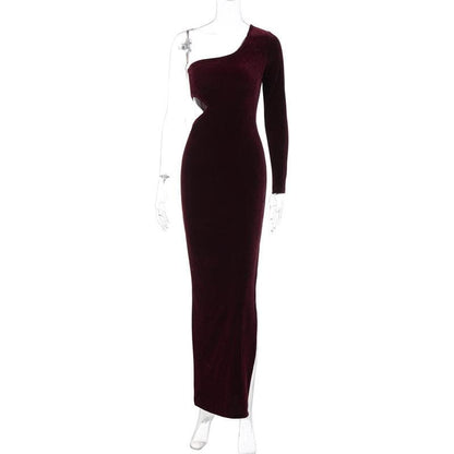 One Shoulder Long Sleeve Waist Cutout Velvet Bodycon Maxi Dress