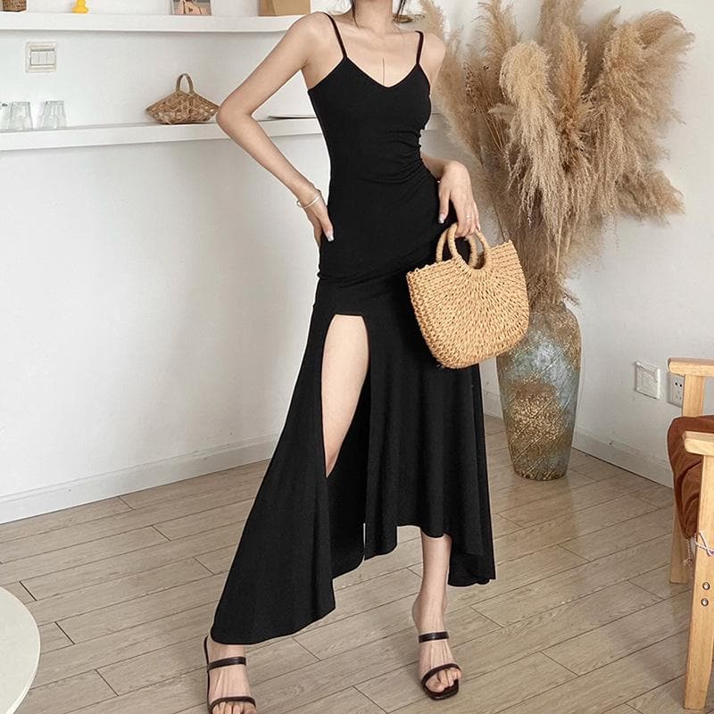 Spaghetti Strap V Neck Ruched Ruffle Hem High Slit Maxi Dress