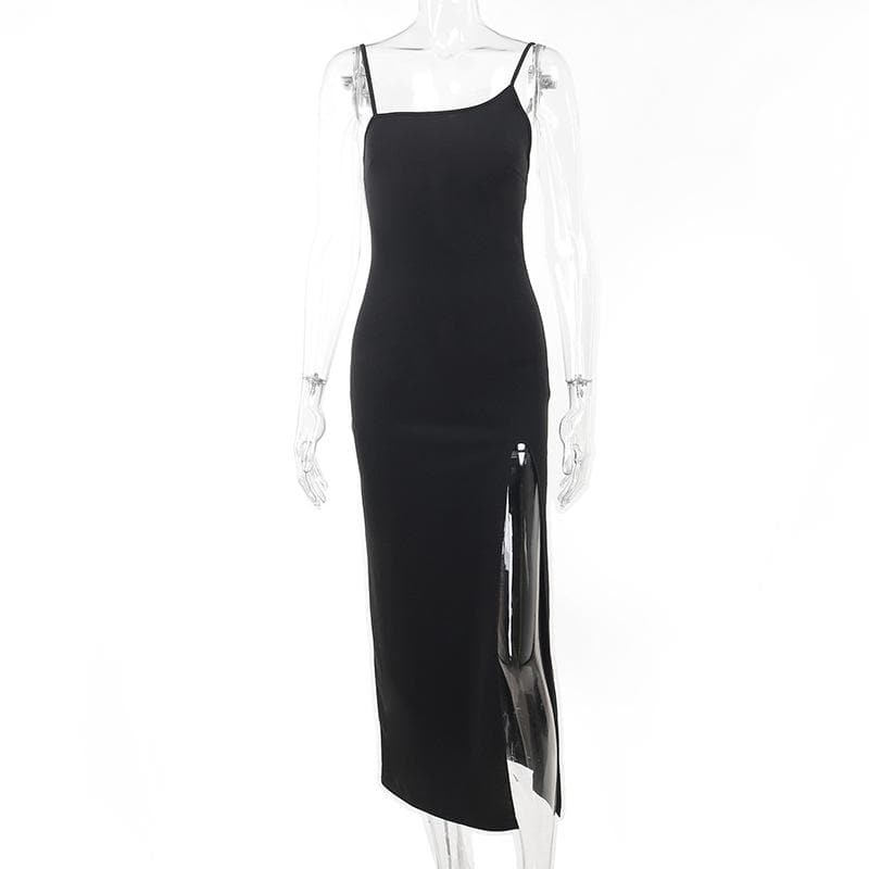 Zip Front Asymmetric Spaghetti Strap Side Slit Bodycon Midi Dress