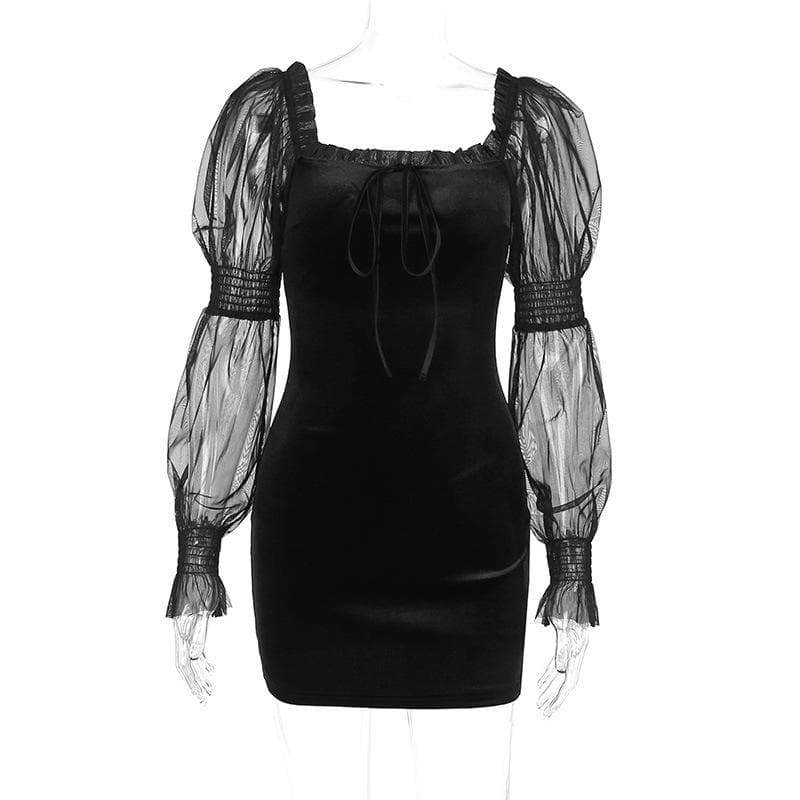 Off Shoulder Mesh Puff Sleeve Tie Front Ruffle Trim Velvet Bodycon Mini Dress