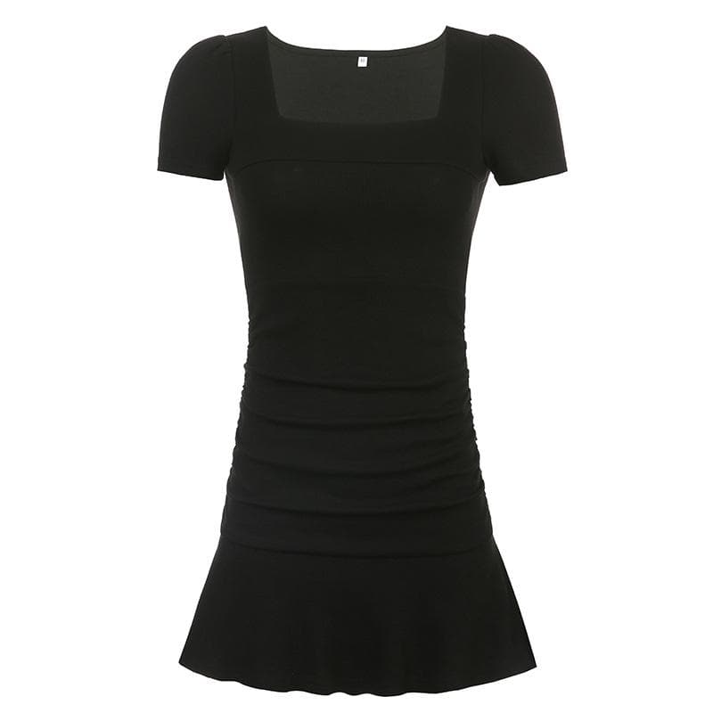 Rib Knit Square Neck Short Sleeve Side Ruched Ruffle Hem Bodycon Mini Dress