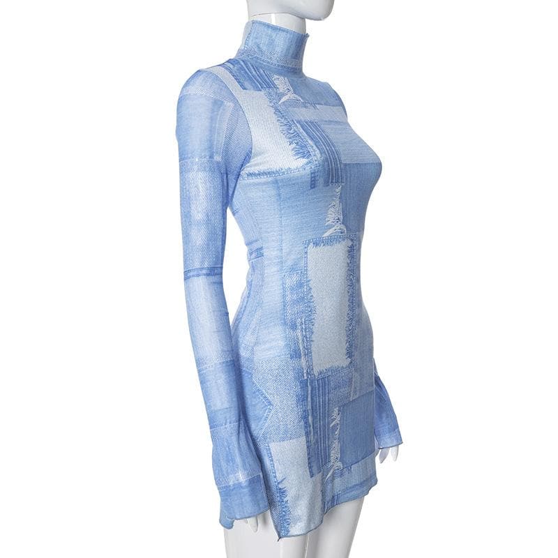 Denim Patchwork Print Mock Neck Extra Long Sleeve Mesh Mini Dress
