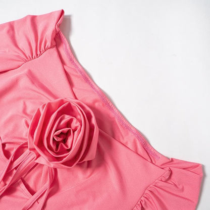 Off-Shoulder Rosette Applique Bell Cuff Ruched Bodycon Mini Dress
