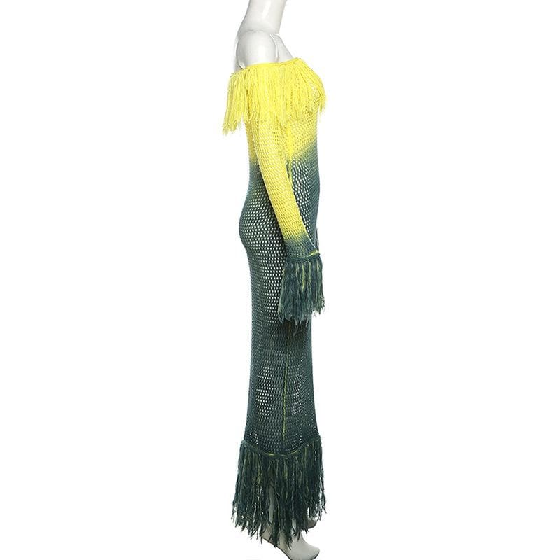 Crochet Off Shoulder Long Sleeve Fringe Trim Maxi Dress