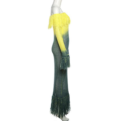 Crochet Off Shoulder Long Sleeve Fringe Trim Maxi Dress
