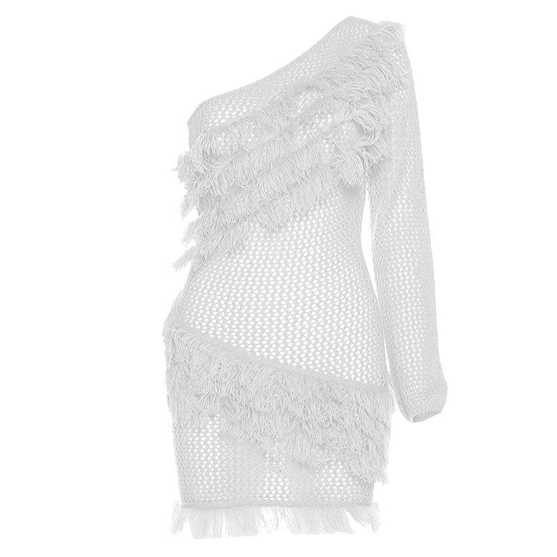 One Shoulder Crochet Fringe Tiered Long Sleeve Bodycon Mini Dress