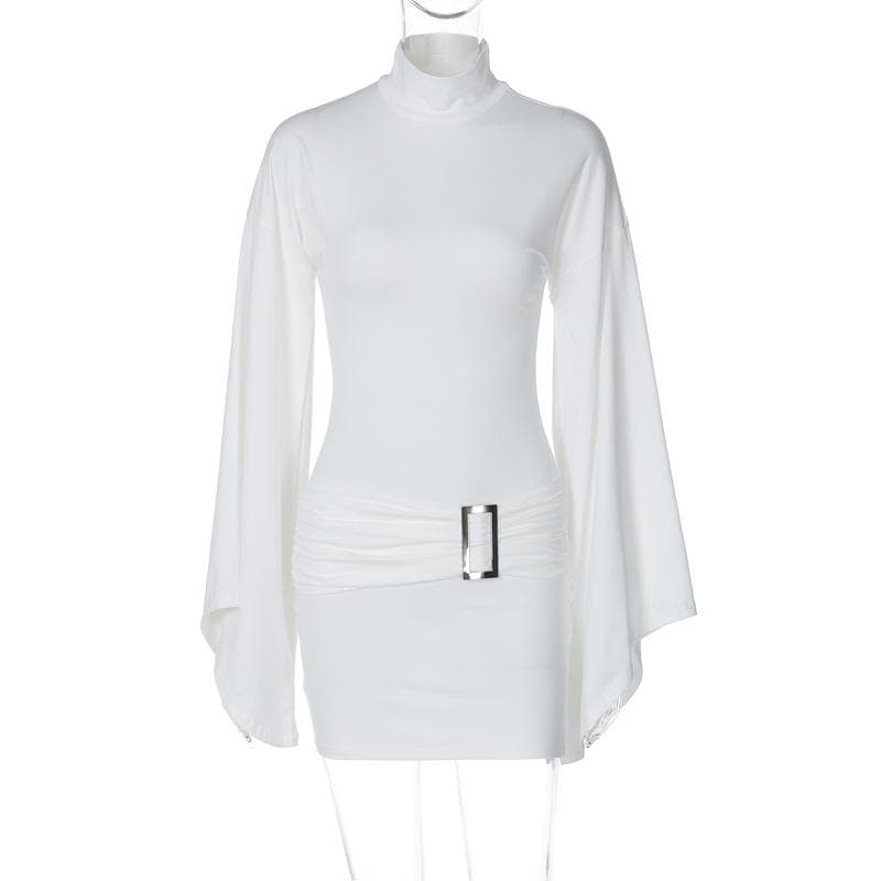 Mock Neck Ruched Waist Metal Buckle Angel Sleeve Bodycon Mini Dress