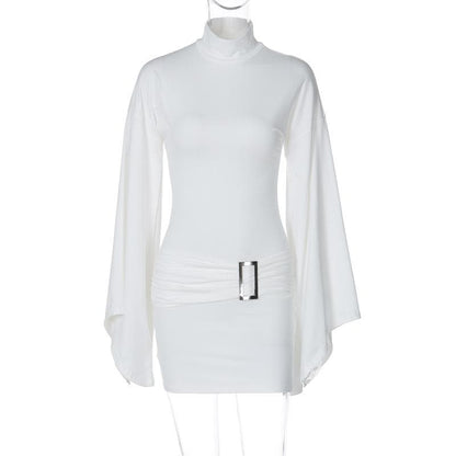 Mock Neck Ruched Waist Metal Buckle Angel Sleeve Bodycon Mini Dress
