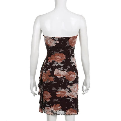Strapless Floral Print Ruched Mesh Cascade Ruffle Mini Dress