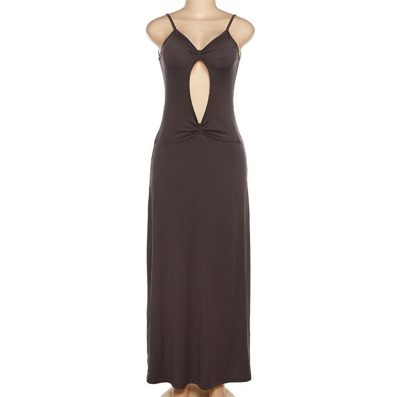 Sweetheart Neck Spaghetti Strap Center Cutout Gathered Waist Maxi Dress